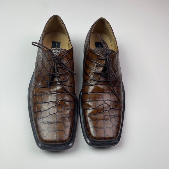 Kenneth Cole New York Brown Leather Crocodile Print Square-toe Oxfords S… main image 9